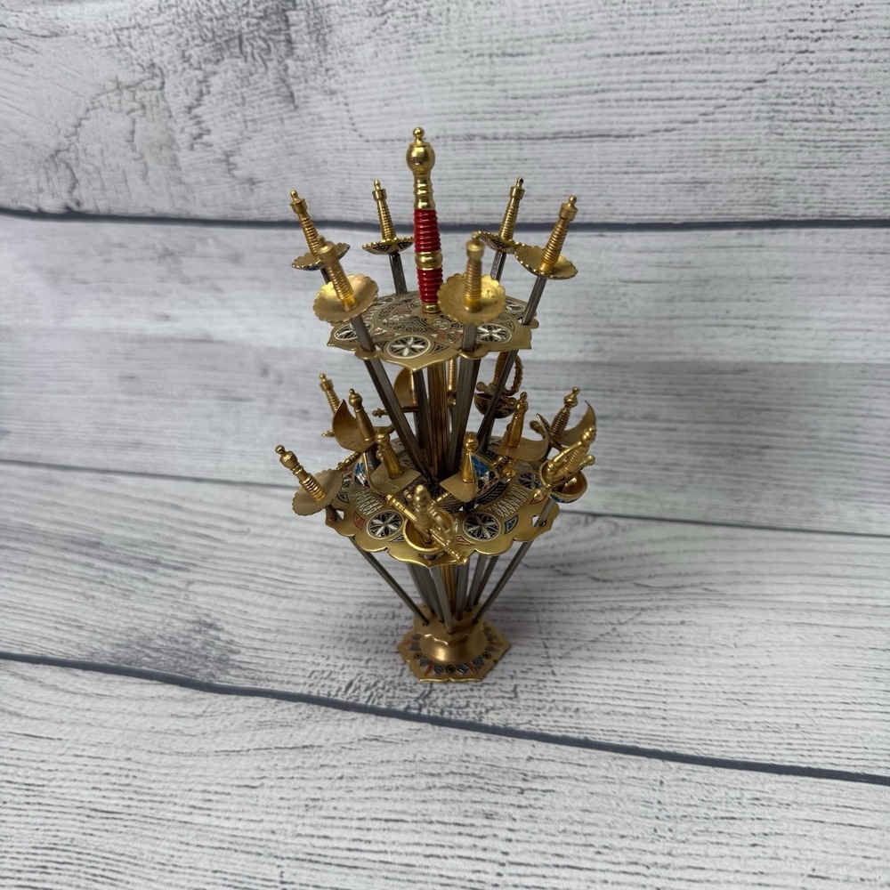 Toledo Mini Swords (18) Cocktail Picks Appetizer Skewer 2-Tier Stand Vintage MCM - Picture 2 of 14